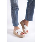 Zapatos JOYMIX Dolgu Topuklu Ortopedik Taban Hasır Görünümlü Kadın Terlik CKT - Beyaz