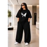 ZAVIXO Kadın Büyük Beden Oversize Kelebek Baskılı 2'li Eşofman Takımı Rahat Pamuklu Kalıp Günlük Streetwear Bordo XL 2XL 3XL 4XL 5XL 6XL 7XL 8XL 9XL