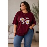 ZAVIXO Kadın Büyük Beden Oversize Papatya ve Kelebek Baskılı Tişört Rahat Kalıp Günlük Kullanım Bordo XL 2XL 3XL 4XL 5XL 6XL 7XL 8XL 9XL
