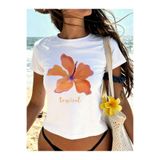 ZAVIXO -KADIN Hibiscus Çiçek Baskılı Crop Tişört %100 Pamuk