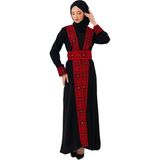 Zaytoon Ferace Filistin Geleneksel Nakışlı Uzun Siyah Abaya Kırmızı Renkli - 2XL