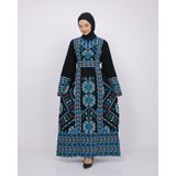 Zaytoon Uzun Kollu Geleneksel Filistin Gül Çift Taraf Nakışlı Uzun Boylu Kadın Elbise C100039 - Mavi - 3XL