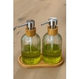 Zbern 2’li Cam Sıvı Sabunluk Seti – Füme Renk, 300 ml Şeffaf Cam Gövde, Doğal Bambu Başlık ve Stand – Modern Pompalı Dispenser – Banyo, Mutfak ve Lavabo Üstü Kullanım için Uygun