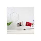 ZC Bayrak Türk Bayrağı ve Atatürk Portre Baskılı Saten Kumaşa Baskı 2 li Krom Direk ve Ayaklıklı