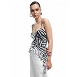 Zebra Desenli Asimetrik Kesim İnce Askılı Tül Fırfırlı Bluz