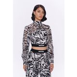 Zebra Desenli Beli Lastikli Tül Bluz Siyah