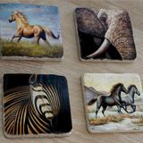 Zebra Fil ve Atlar Doğal Taş Bardak Altlığı 4'lü set - Natural Stone Coasters