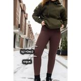 Zec Style Yüksek Bel, Fitilli, Içi Yünlü Tayt Toparlayıcı Interlok Beli Lastikli Örme Spor Tayt Kahverengi