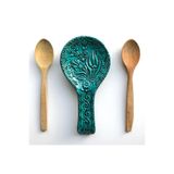 Zeem Handmade Ceramic El Yapımı Seramik Turkuaz Kaşık Tutucu, Çiçek Desenli Kaşıklık Kepçelik Spatulalık Dekoratif Mutfak Tezgahüstü Kaşık Altlığı, Ev Hediyesi
