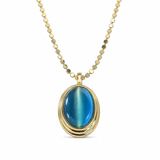 Zeino Mavi Taşlı Oval Çelik Kolye Ucu - Altın Rengi Kaplama - 14 x 23 mm - (60 cm Çelik Zincir Hediyeli)