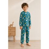 Zekalya Dinozor Desenli Erkek Çocuk Interlok Turkuaz Pijama Takımı - Turkuaz - Açık Yeşil - 5 Yaş