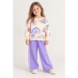 Zekalya Kız Çocuk Gökkuşağı Desenli %100 Pamuk 3 Iplik Sweatshirt Lila Pantolon Takım - 3 - 4 Yaş - Ekru