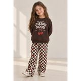 Zekalya Kız Çocuk Kiraz Desenli Sweatshirt ve Kareli Ekose Pantolon %100 Pamuk Takım - 7 - 8 Yaş - Kahverengi