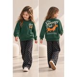 Zekalya Kız Çocuk Unisex Yeşil Köpek Baskılı 3 Iplik Sweatshirt ve Kareli Pantolon Takım - 7 - 8 Yaş