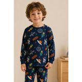 Zekalya Uzay Desenli Uzun Kollu Interlok Erkek Çocuk Lacivert Pijama Takımı - 3 Yaş