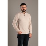 Zeki Özer Erkek Bej Dokulu Dik Yaka Fermuarlı Triko - XL