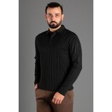 Zeki Özer Erkek Siyah Dokulu Çizgili Polo Triko Kazak - Black - Siyah