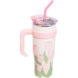 Zemira Vagonlife Diller 1200ML Pembe Lale Desenli Tumbler Pipetli/pipetsiz Kulplu Paslanmaz Çelik Termos - 00-Siyah - Beyaz