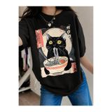 ZEMLİYA Grafik Baskılı Kısa Kollu T-Shirt – Kedi & Ramen (Erişte) Desenli
