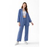 Zen Elegance Kadın Kimono Takım - Geniş Paça Keten Dokulu Alt Üst Yazlık Kadın Takım İndigo Mavi