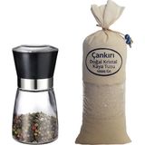 Zencefil Organik 1 Kg. İri Çankırı Tuzu Bez Torbada + Seramik Bıçaklı Cam Değirmen Tuz/Baharat Değirmeni