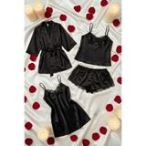 ZENCHES 4 Parça Saten Mini Kuşaklı Sabahlık Ve Gecelik Seti Çeyizlik,Çok Renkli48 Xl/2Xl