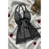 ZENCHES Boyundan Askılı Mini Çeyizlik Gecelik Kurdele Detaylı 2'Li Gecelik Ve String Takımı,Siyah M/L
