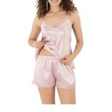 ZENCHES Güpürlü Pembe Saten Şortlu Gecelik Takım,Çok Renkli-6 Xl/2Xl