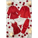 ZENCHES Kadın Saten 5’li Çeyiz Seti Sevgililer Günü Özel Kırmızı-Pijama Takımı,Sabahlık,Tanga ve Gecelik