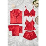 ZENCHES Kadın Saten 5’li Kutulu Çeyiz Seti Kırmızı-Saten Pijama Takımı,Saten Şortlu Takım,Büstiyer
