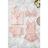 ZENCHES Kadın Saten 5’li Kutulu Çeyiz Seti Pembe-Saten Pijama Takımı,Saten Şortlu Takım,Büstiyer