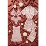 ZENCHES Kadın Saten 7’li Çeyiz Seti Pembe-Pijama Takımı,Şortlu Gecelik Takım,Sabahlık ve Sütyen Takım