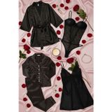 ZENCHES Kadın Siyah 5’ Parça Çeyizlik Takım-Saten Pijama Takımı, Saten Gecelik ve Sabahlık, Dantel Babydoll