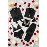 ZENCHES Kadın Siyah Saten 7’Li Çeyizlik Takım - Pijama Takımı,Gecelik,Tül Gecelik Sabahlık Ve İç Giyim Seti,Siyah-2 L/Xl