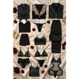 ZENCHES Kadın Siyah Saten ve Tül 15 Parça Çeyizlik Takım - Saten Pijama Gecelik Sabahlık Iç Giyim Çeyiz Seti