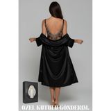 ZENCHES Saten Kuşaklı Uzun Siyah Sabahlık Ve Sırtı İşlemeli Gecelik-Şık & Rahat,Çeyizlik,İpeksi Saten,Çok Renkli-75 L/Xl
