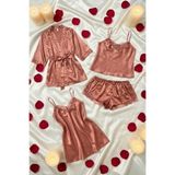 ZENCHES Saten Mini Kuşaklı Sabahlık Ve Gecelik Seti Çeyizlik,Çok Renkli52 Xl/2Xl