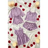 ZENCHES Saten Mini Kuşaklı Sabahlık Ve Gecelik Seti Çeyizlik,Çok Renkli53 Xl/2Xl