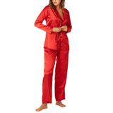 ZENCHES Uzun Kollu Saten Pijama Takımı,Kırmızı L/Xl