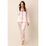ZENCHES Uzun Kollu Saten Pijama Takımı,Pembe L/Xl