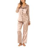 ZENCHES Uzun Kollu Saten Pijama Takımı,Süt Kahve L/Xl
