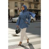 Zeneva Collection İndigo Mavisi - %100 Pamuk Cepli Kemerli Kadın Tesettür Kimono 1166-TES