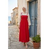 Zeneva Collection Kırmızı Uzun Pamuklu Astarsız Yaz Elbisesi – Askılı