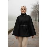 Zeneva Collection Siyah Gold Detaylı Kaşe Pelerin Panço 6100-TES