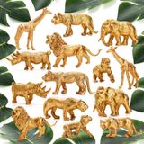 ZENFUN 26 Paket Altın Safari Hayvan Figürleri, 14 Adet Orman Hayvan Oyuncak ve 12 Adet Sahte Tropikal Palmiye Yaprakları, Fil Aslanlı Zürafa Orangutan Gergedan Çita Leoparı ile Plastik Hayvanat