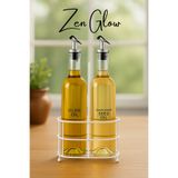 ZenGlow Lüx Şık 2'li Beyaz Demir Standlı Damlatmaz Tıpa/ Kapak Şeffaf Cam Yağlık Yağdanlık 750 ml