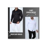 ZENGOLL & RAMİRES Erkek beyaz ve siyah [2 adet] Slim Fit Dar Kesim Düz Sert Yaka Uzun Kollu gömlek