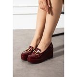Zenneshoes Bordo Rugan Dolgu Topuklu Kadın Ayakkabı Orta Topuklu Suni Deri Malzeme ile Rahat Kullanım