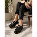 Zenora Shoes Kadın Loafer Makosen Siyah Cilt Kalın Tabanlı Ortopedik Ayakkabı - Cilt Siyah