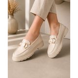 Zenora Shoes Kadın Tokalı Loafer Makosen Bej Kalın Tabanlı Ortopedik Ayakkabı